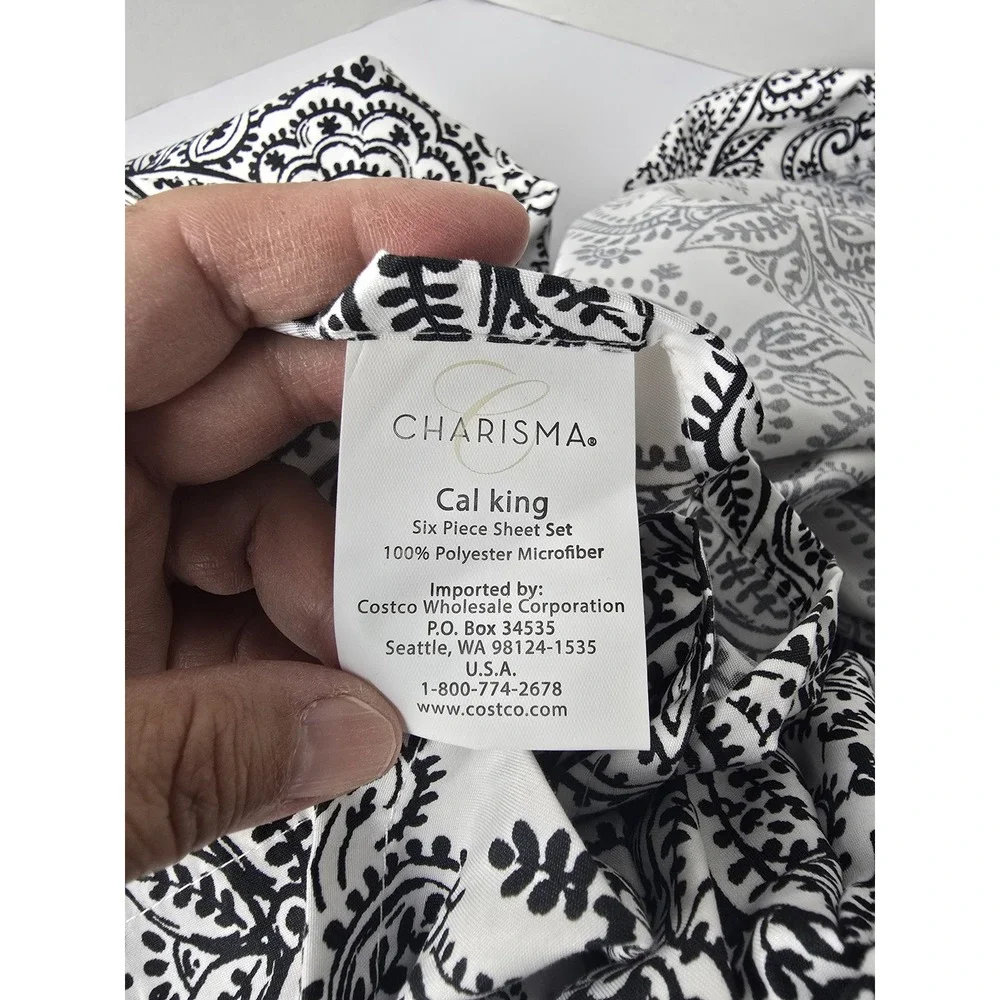 Charisma Sheet Set Cal King Black White Paisley Flat Sheet Microfiber Bedding